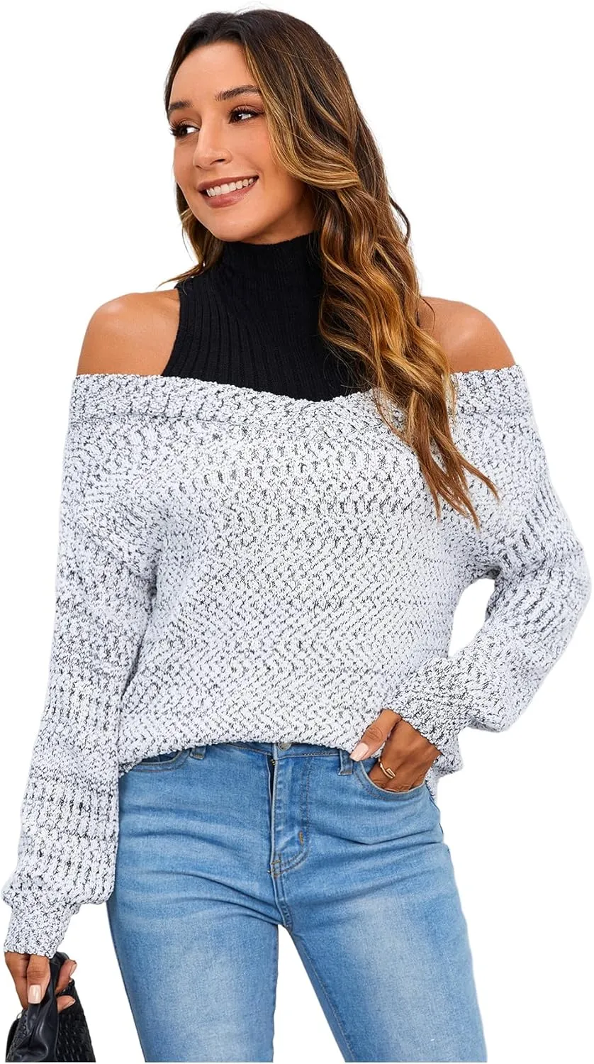 MakeMeChic Women's Fall Fashion 2024 Cold Shoulder Sweaters Long Sleeve Knitted Oversized Turtleneck Sweaters