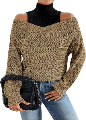 MakeMeChic Women's Fall Fashion 2024 Cold Shoulder Sweaters Long Sleeve Knitted Oversized Turtleneck Sweaters