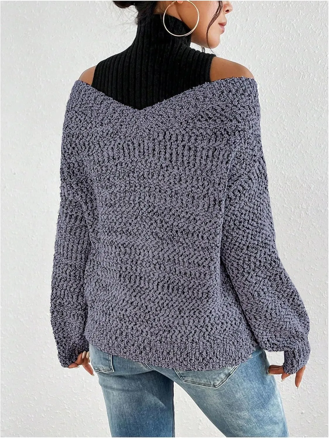 MakeMeChic Women's Fall Fashion 2024 Cold Shoulder Sweaters Long Sleeve Knitted Oversized Turtleneck Sweaters