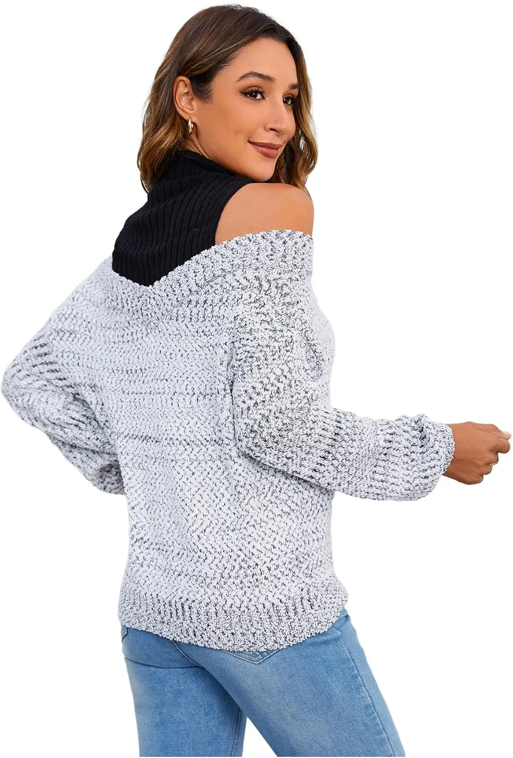 MakeMeChic Women's Fall Fashion 2024 Cold Shoulder Sweaters Long Sleeve Knitted Oversized Turtleneck Sweaters
