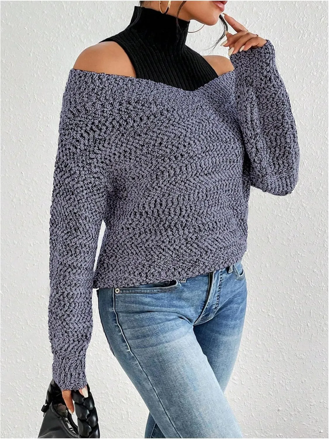 MakeMeChic Women's Fall Fashion 2024 Cold Shoulder Sweaters Long Sleeve Knitted Oversized Turtleneck Sweaters