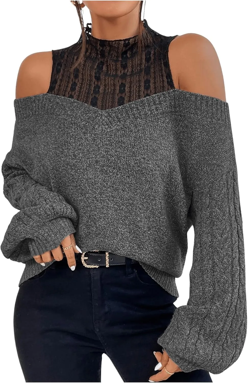 MakeMeChic Women's Fall Fashion 2024 Cold Shoulder Sweaters Long Sleeve Knitted Oversized Turtleneck Sweaters