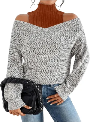 MakeMeChic Women's Fall Fashion 2024 Cold Shoulder Sweaters Long Sleeve Knitted Oversized Turtleneck Sweaters