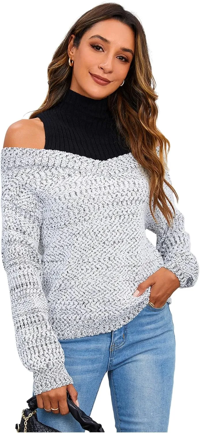 MakeMeChic Women's Fall Fashion 2024 Cold Shoulder Sweaters Long Sleeve Knitted Oversized Turtleneck Sweaters