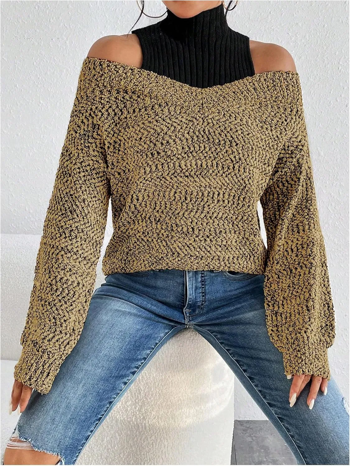 MakeMeChic Women's Fall Fashion 2024 Cold Shoulder Sweaters Long Sleeve Knitted Oversized Turtleneck Sweaters
