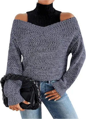 MakeMeChic Women's Fall Fashion 2024 Cold Shoulder Sweaters Long Sleeve Knitted Oversized Turtleneck Sweaters