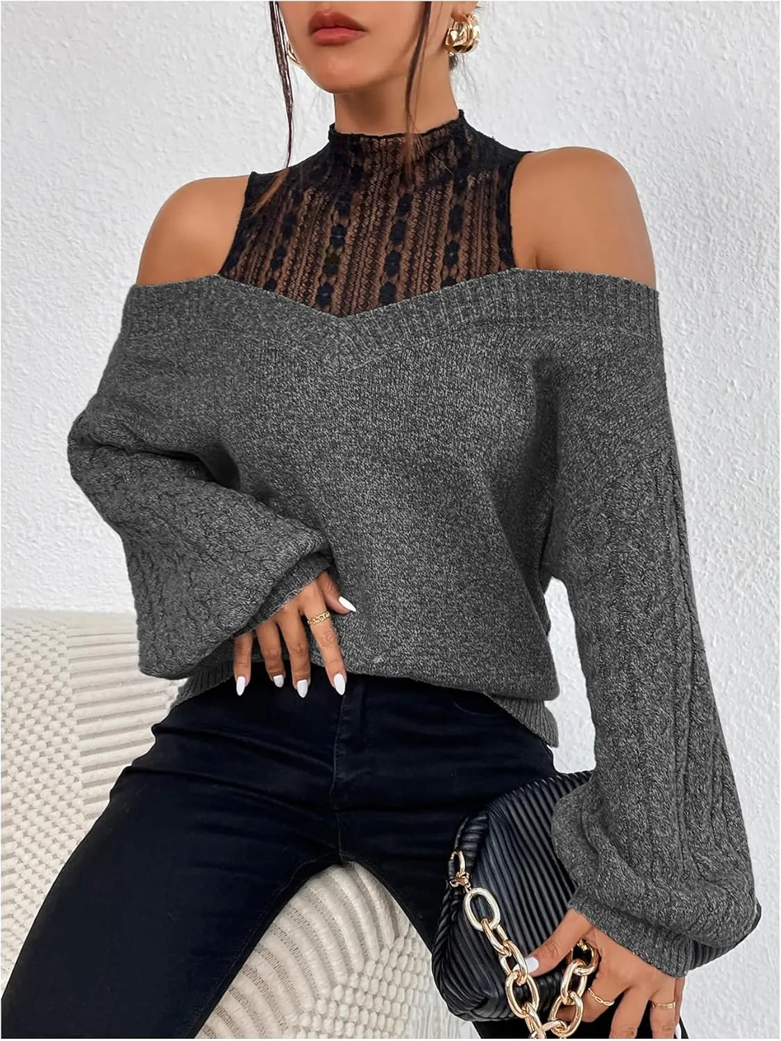 MakeMeChic Women's Fall Fashion 2024 Cold Shoulder Sweaters Long Sleeve Knitted Oversized Turtleneck Sweaters