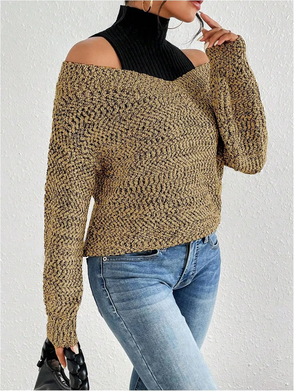 MakeMeChic Women's Fall Fashion 2024 Cold Shoulder Sweaters Long Sleeve Knitted Oversized Turtleneck Sweaters
