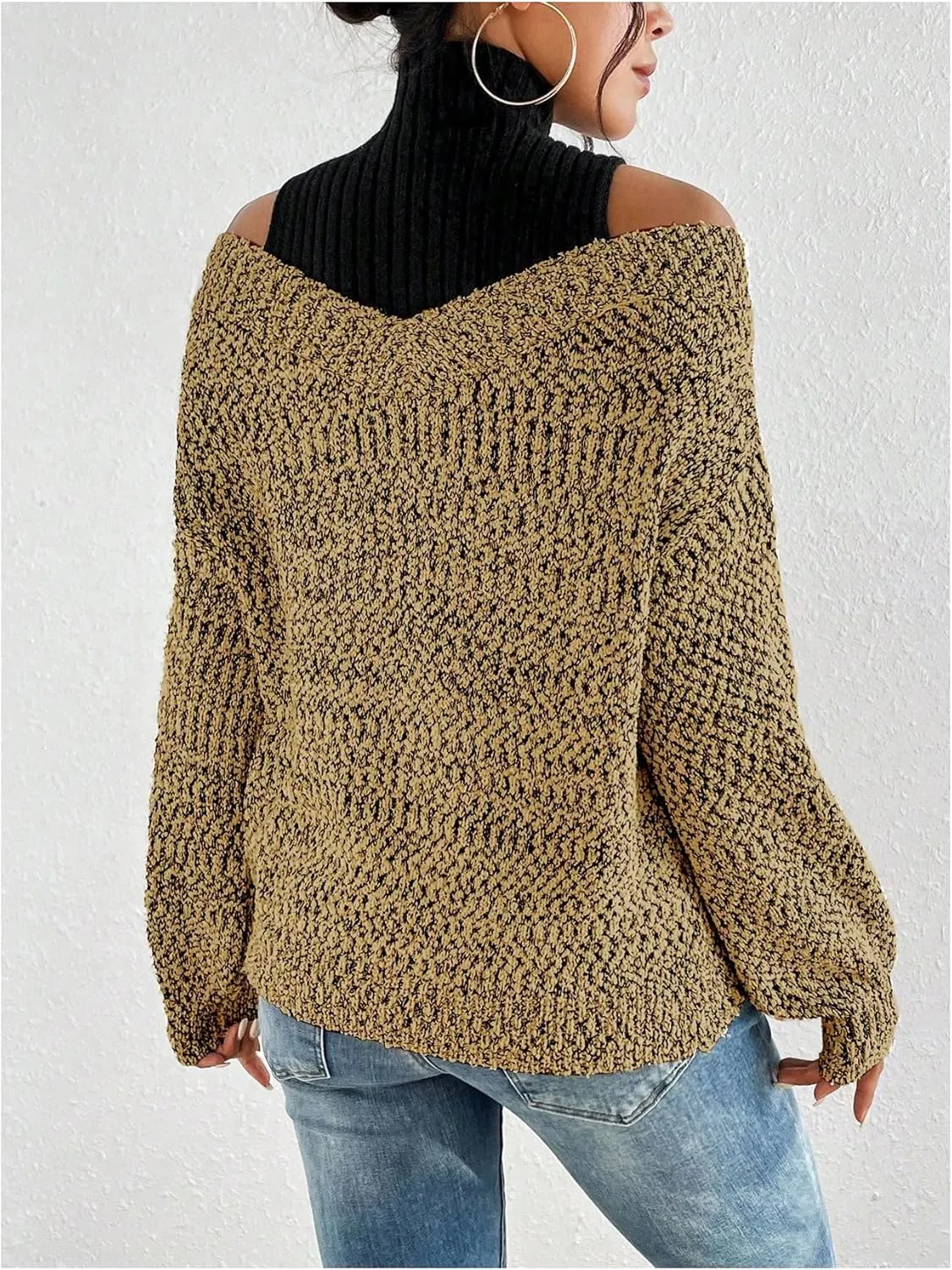 MakeMeChic Women's Fall Fashion 2024 Cold Shoulder Sweaters Long Sleeve Knitted Oversized Turtleneck Sweaters