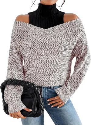 MakeMeChic Women's Fall Fashion 2024 Cold Shoulder Sweaters Long Sleeve Knitted Oversized Turtleneck Sweaters