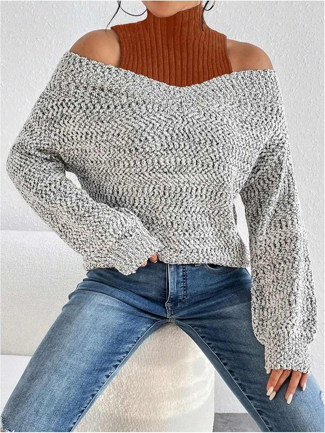 MakeMeChic Women's Fall Fashion 2024 Cold Shoulder Sweaters Long Sleeve Knitted Oversized Turtleneck Sweaters