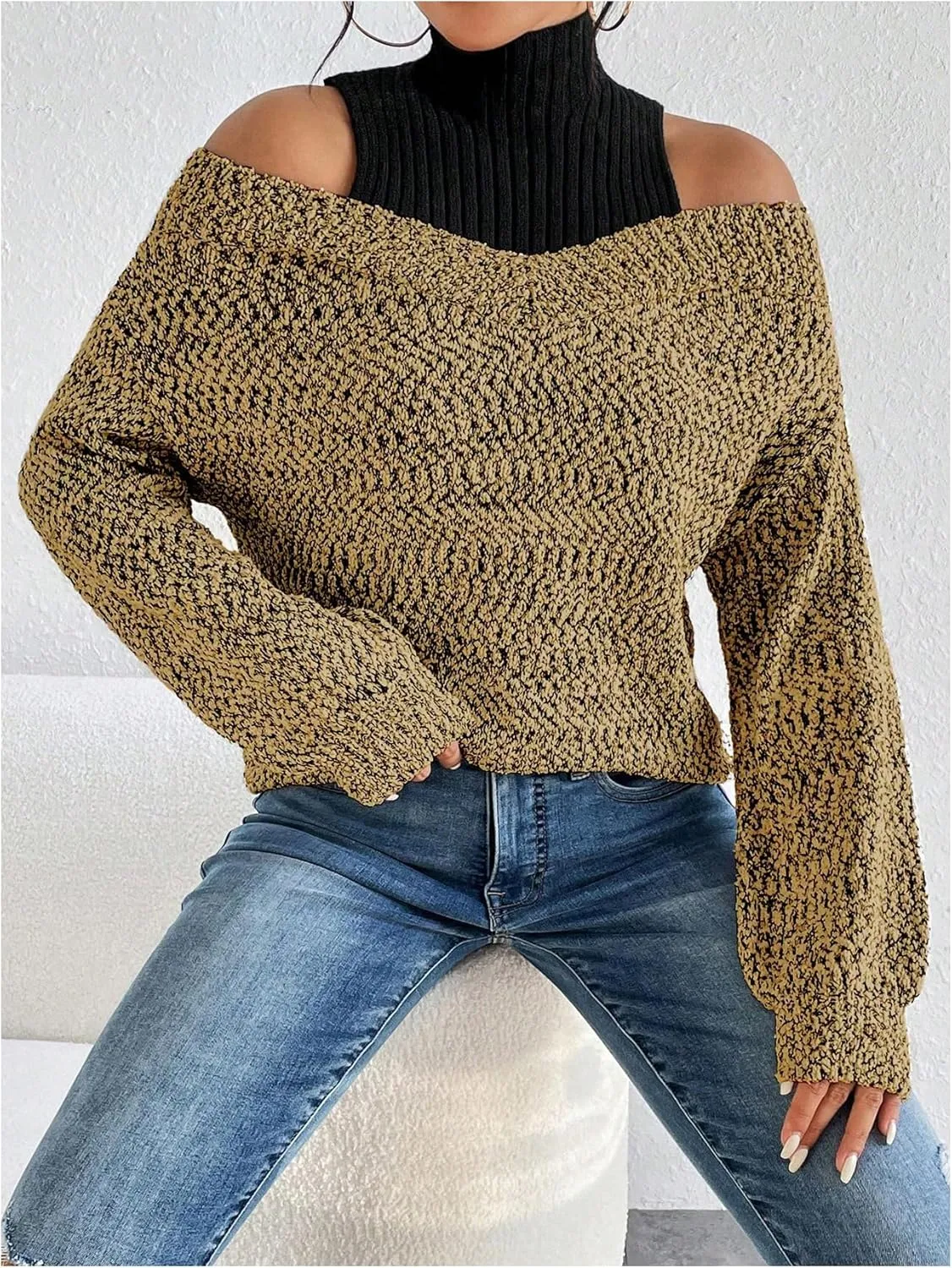 MakeMeChic Women's Fall Fashion 2024 Cold Shoulder Sweaters Long Sleeve Knitted Oversized Turtleneck Sweaters