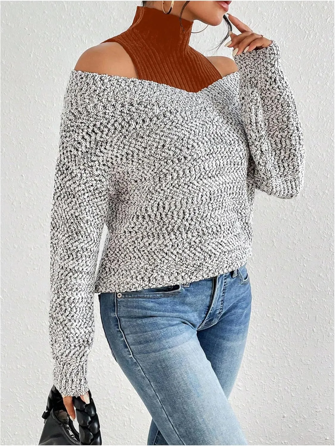 MakeMeChic Women's Fall Fashion 2024 Cold Shoulder Sweaters Long Sleeve Knitted Oversized Turtleneck Sweaters