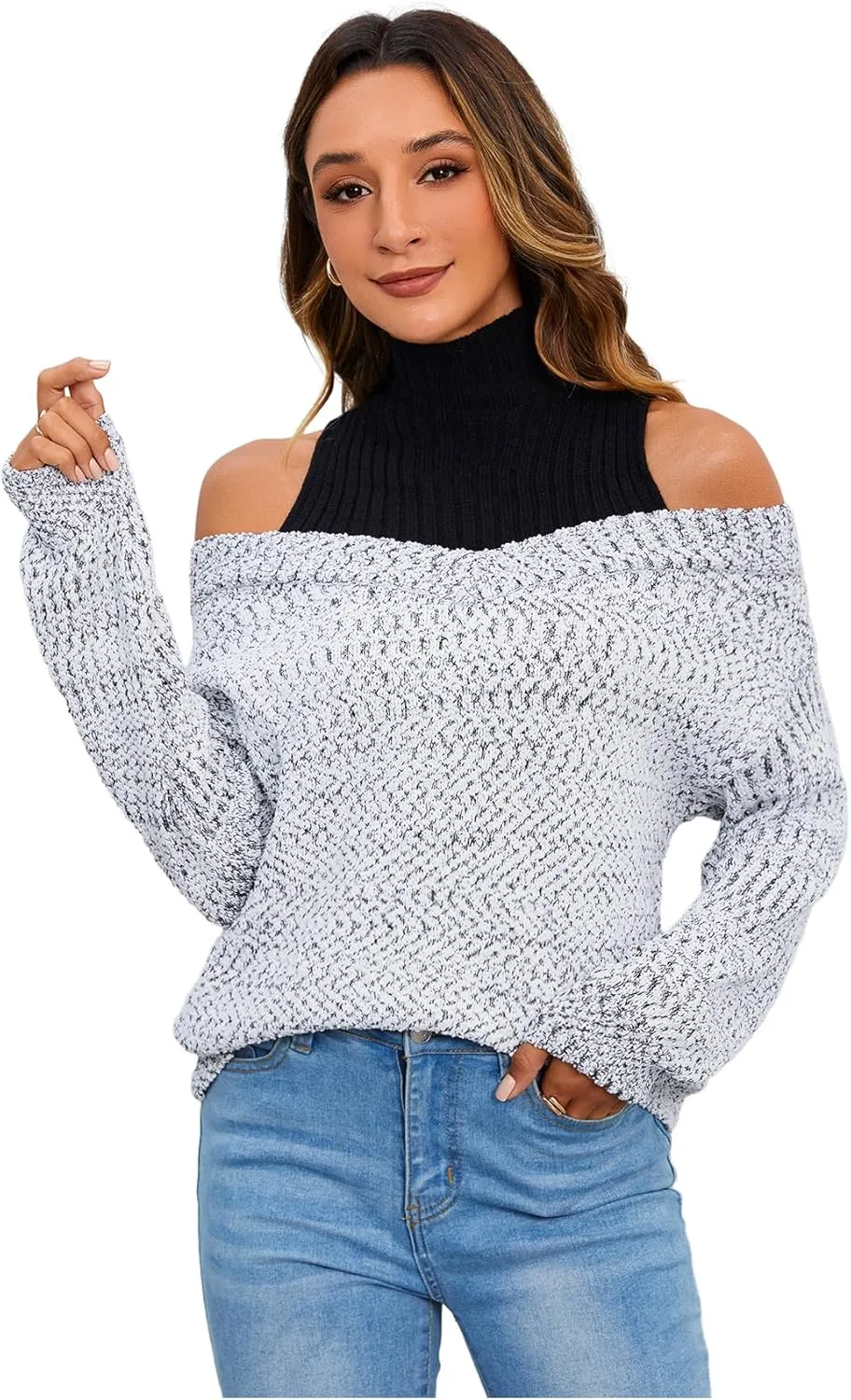 MakeMeChic Women's Fall Fashion 2024 Cold Shoulder Sweaters Long Sleeve Knitted Oversized Turtleneck Sweaters