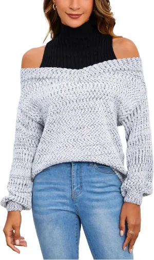 MakeMeChic Women's Fall Fashion 2024 Cold Shoulder Sweaters Long Sleeve Knitted Oversized Turtleneck Sweaters