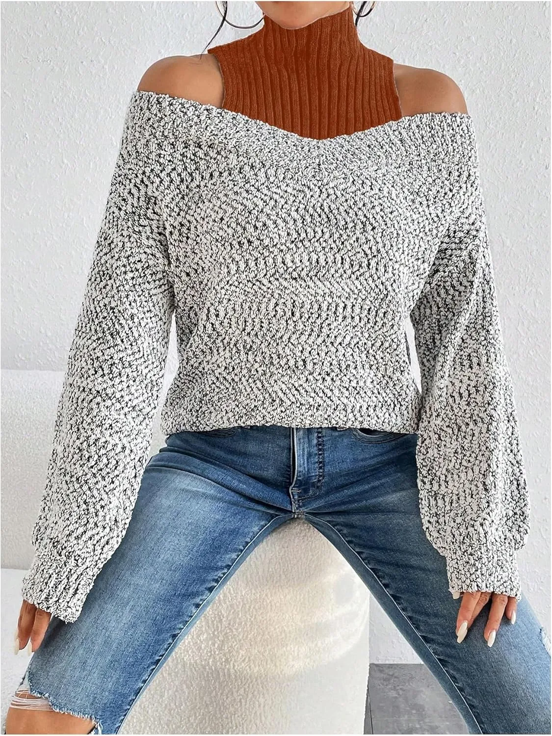 MakeMeChic Women's Fall Fashion 2024 Cold Shoulder Sweaters Long Sleeve Knitted Oversized Turtleneck Sweaters