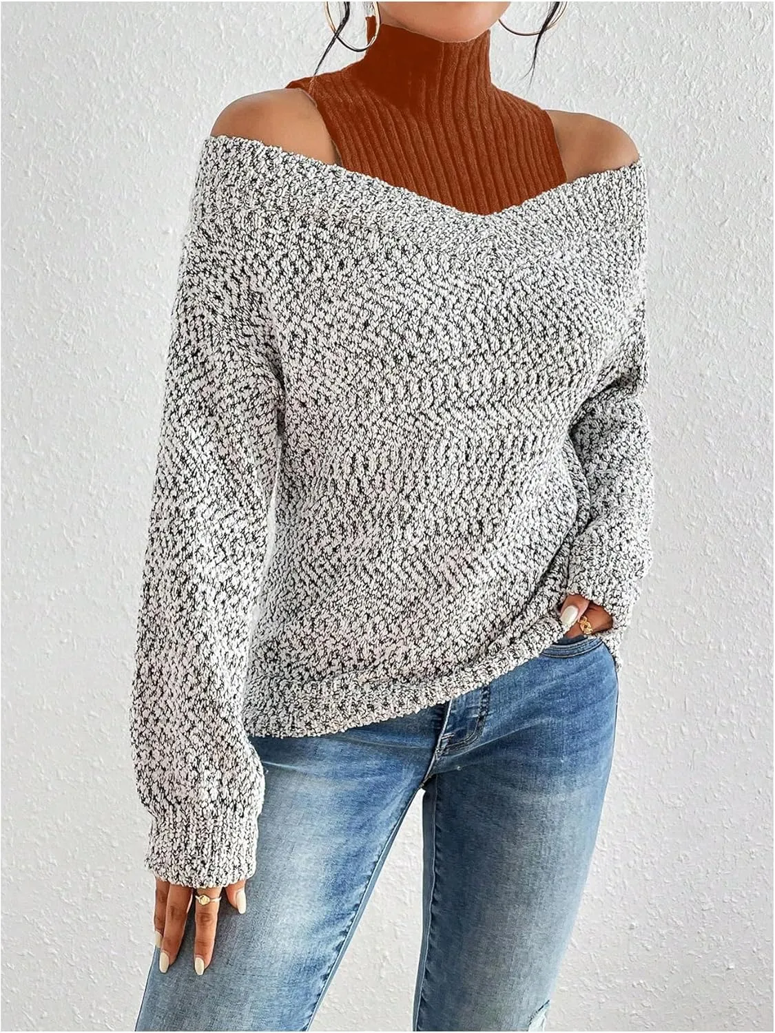 MakeMeChic Women's Fall Fashion 2024 Cold Shoulder Sweaters Long Sleeve Knitted Oversized Turtleneck Sweaters