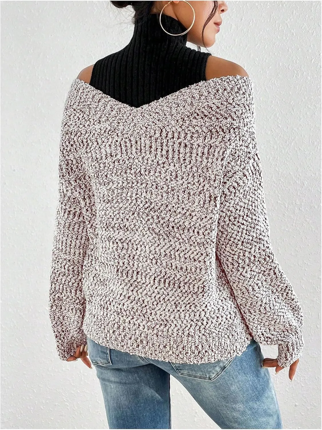 MakeMeChic Women's Fall Fashion 2024 Cold Shoulder Sweaters Long Sleeve Knitted Oversized Turtleneck Sweaters