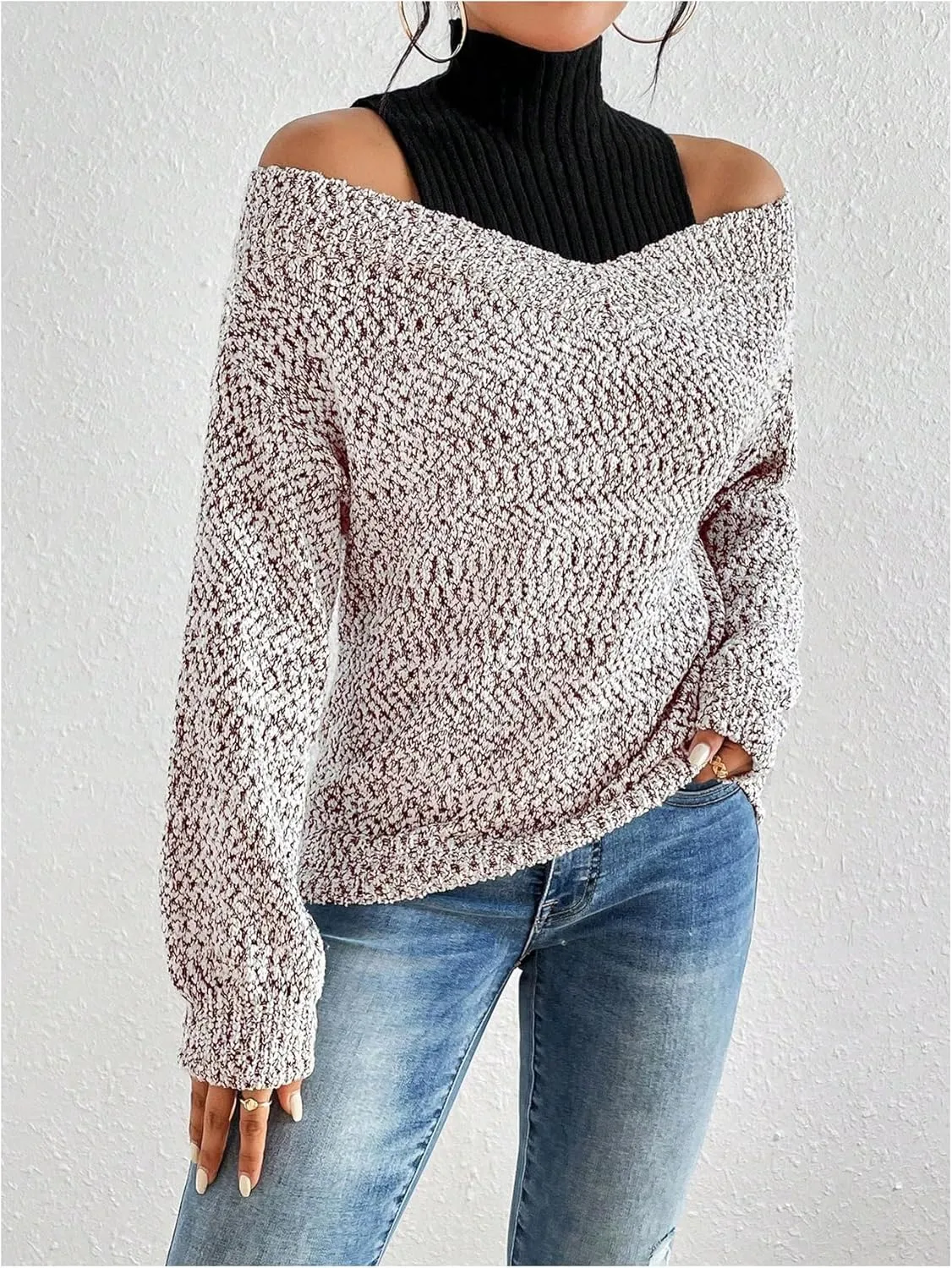 MakeMeChic Women's Fall Fashion 2024 Cold Shoulder Sweaters Long Sleeve Knitted Oversized Turtleneck Sweaters