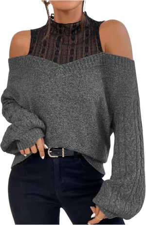 MakeMeChic Women's Fall Fashion 2024 Cold Shoulder Sweaters Long Sleeve Knitted Oversized Turtleneck Sweaters