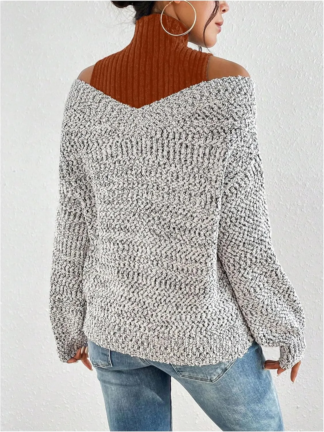MakeMeChic Women's Fall Fashion 2024 Cold Shoulder Sweaters Long Sleeve Knitted Oversized Turtleneck Sweaters