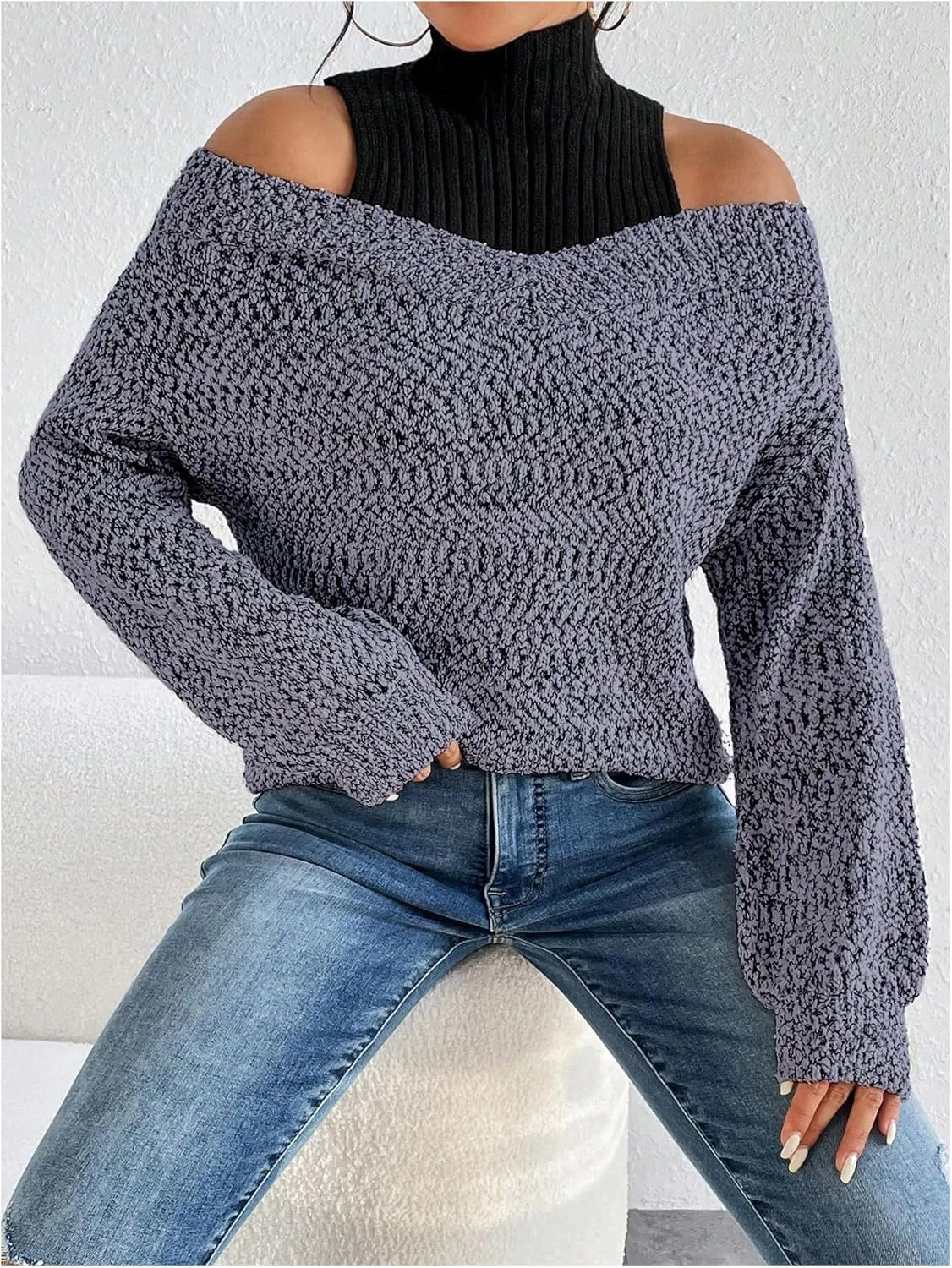 MakeMeChic Women's Fall Fashion 2024 Cold Shoulder Sweaters Long Sleeve Knitted Oversized Turtleneck Sweaters