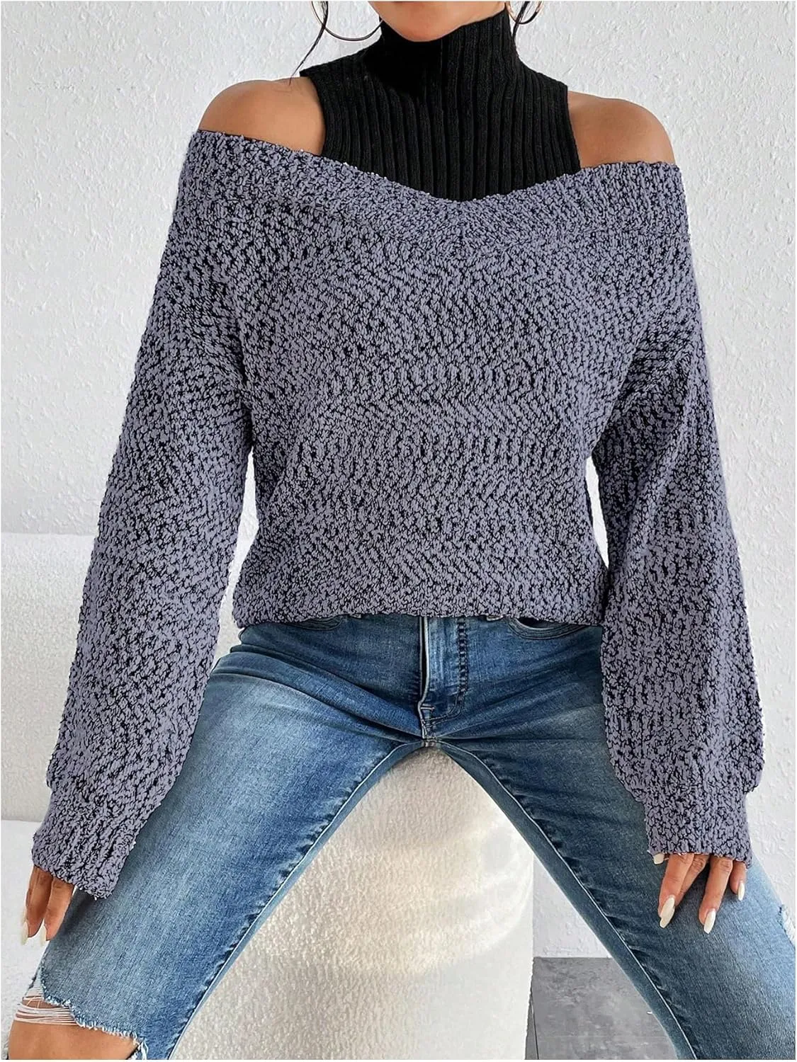 MakeMeChic Women's Fall Fashion 2024 Cold Shoulder Sweaters Long Sleeve Knitted Oversized Turtleneck Sweaters