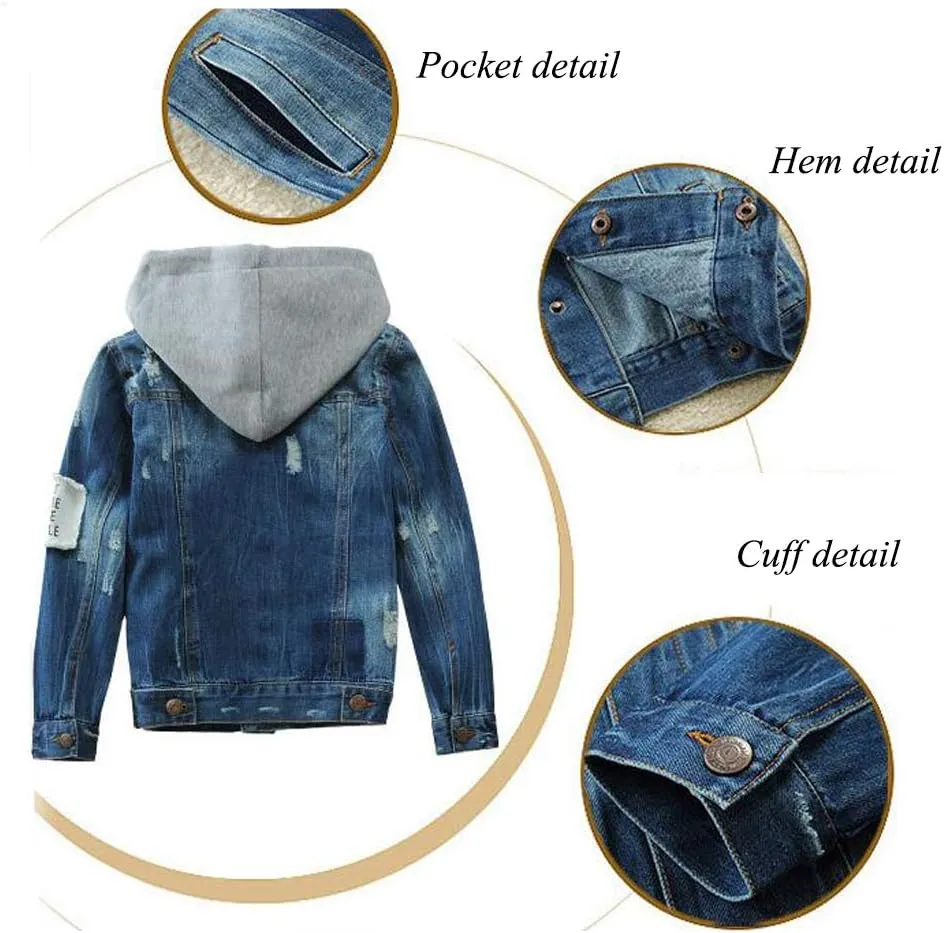 Mallimoda Kids Boys Girls Hooded Denim Jacket Zipper Coat Outerwear