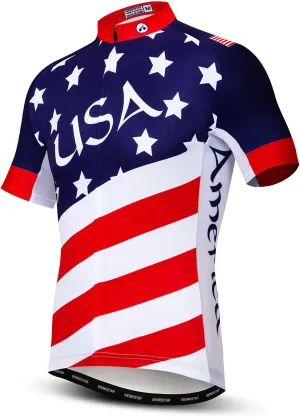 Men Cycling Jersey USA Bike Short Sleeve 3-Pockets Breathable Quick-Dry Shirt Tops S-3XL