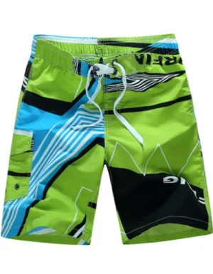 Mens Board Shorts  Green and Blue Geometric Pattern