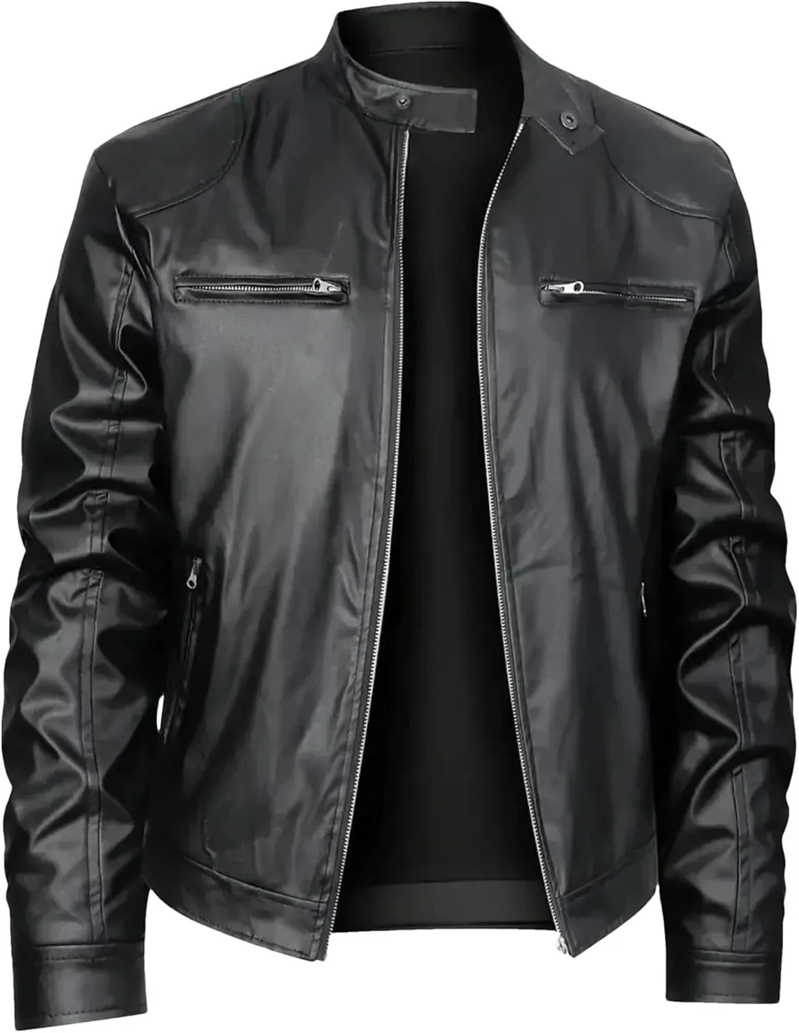 Mens Leather Jacket Fashion Stand Collar Zipper Coat Lightweight Casual Faux Leather Motorcycle Jacket