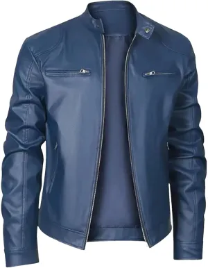 Mens Leather Jacket Fashion Stand Collar Zipper Coat Lightweight Casual Faux Leather Motorcycle Jacket