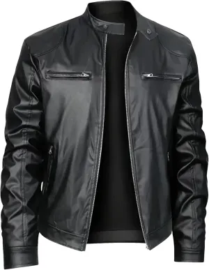 Mens Leather Jacket Fashion Stand Collar Zipper Coat Lightweight Casual Faux Leather Motorcycle Jacket