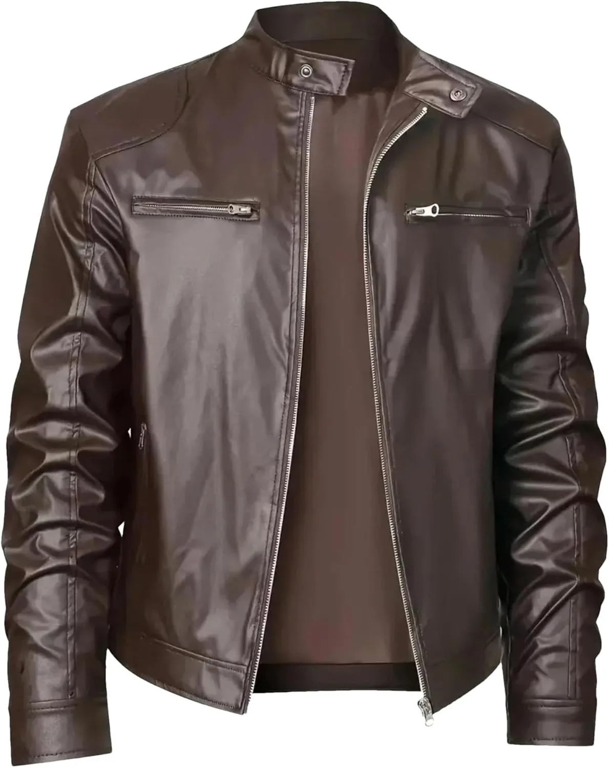 Mens Leather Jacket Fashion Stand Collar Zipper Coat Lightweight Casual Faux Leather Motorcycle Jacket