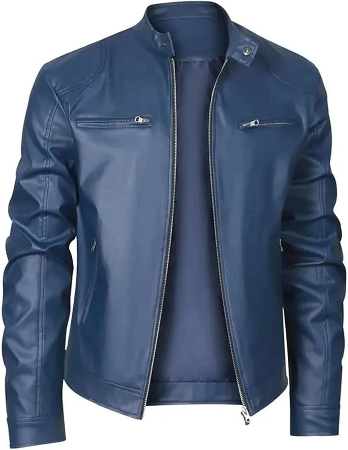 Mens Leather Jacket Fashion Stand Collar Zipper Coat Lightweight Casual Faux Leather Motorcycle Jacket
