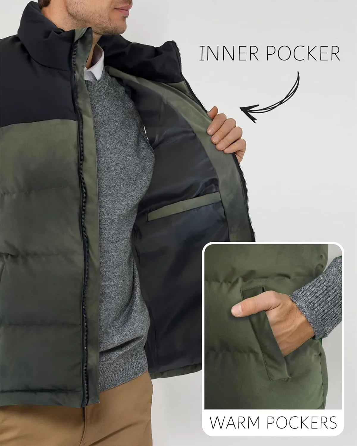 Mens Puffer Vest Winter Warm Puffy Vest Jacket for Men Stand Collar Sleeveless Coat with Pockets Casual Outwear