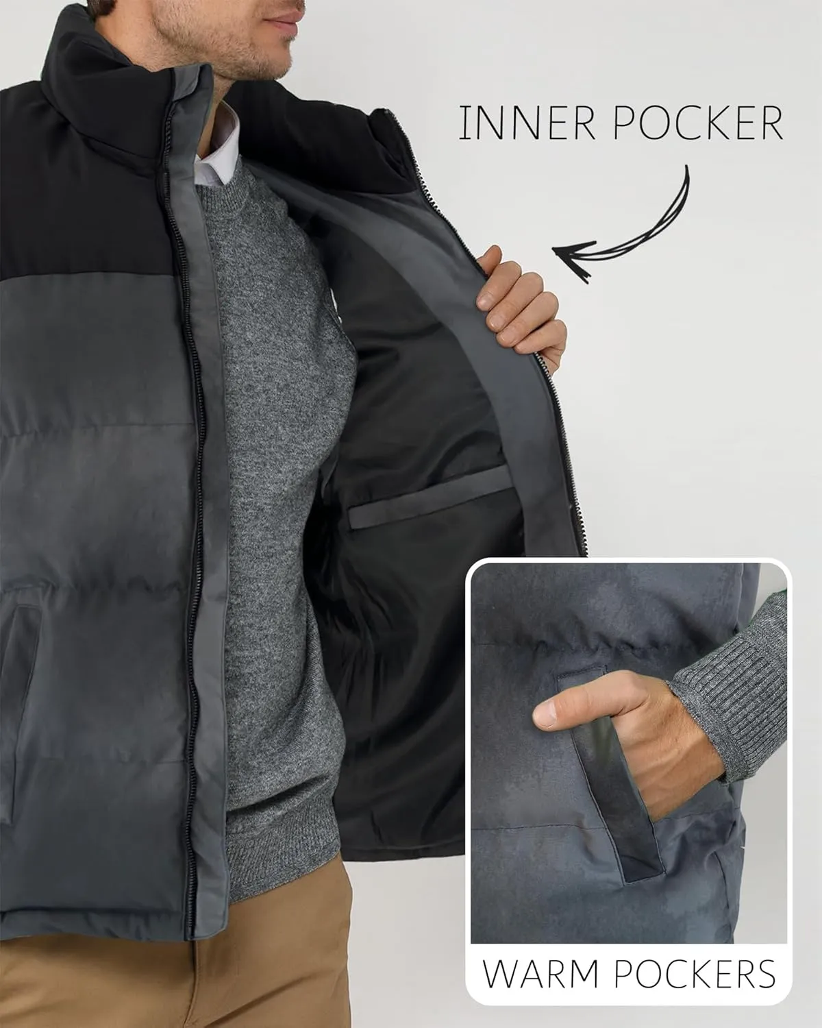 Mens Puffer Vest Winter Warm Puffy Vest Jacket for Men Stand Collar Sleeveless Coat with Pockets Casual Outwear