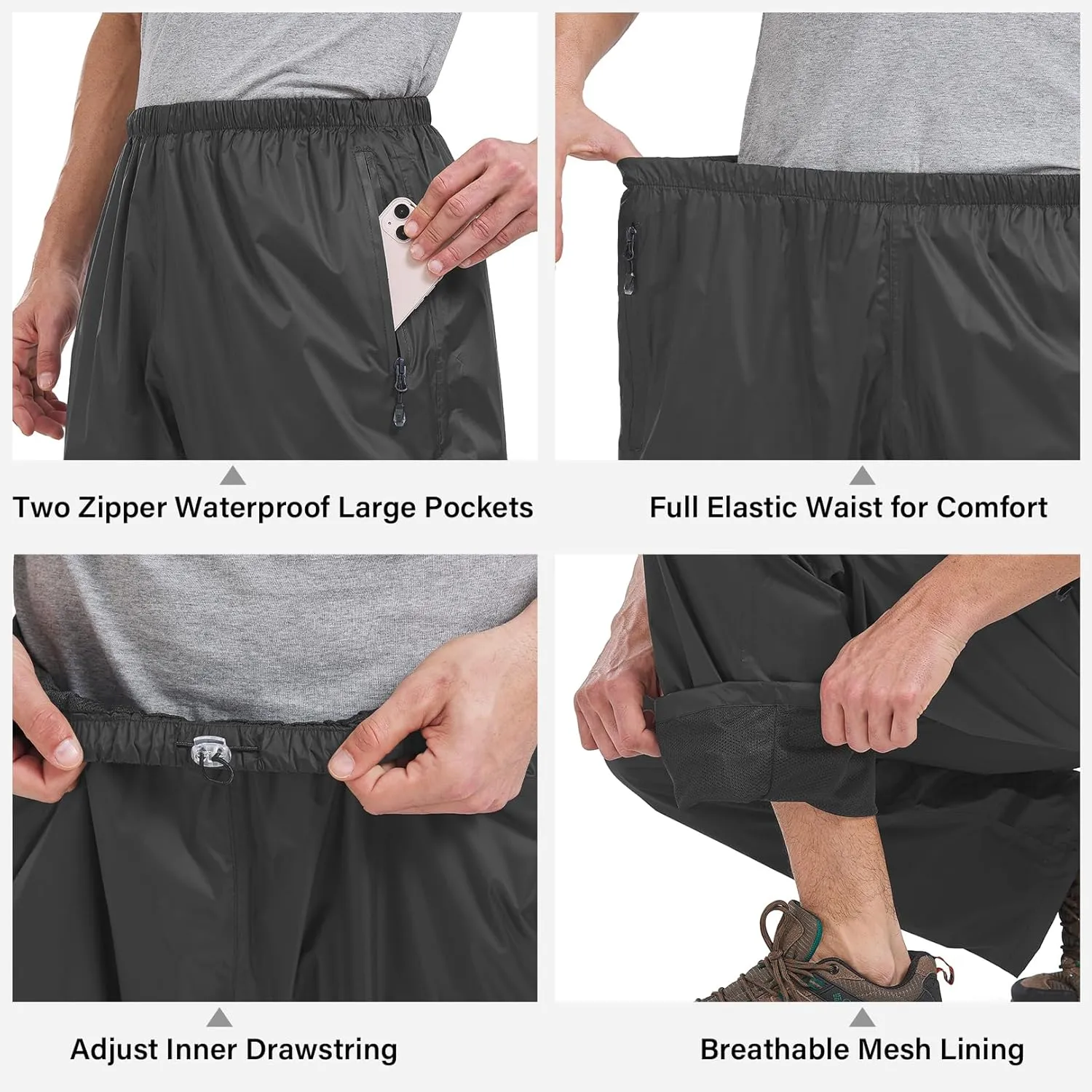 Men's Rain Pants Waterproof Windproof Hiking Rain Over Pants for Outdoor Fishing Golf Motorcycle Cycling