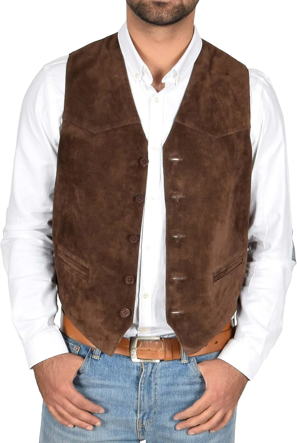 Mens REAL Suede Waistcoat Classic Style Soft BROWN Suede Leather Vest Gilet - Cole