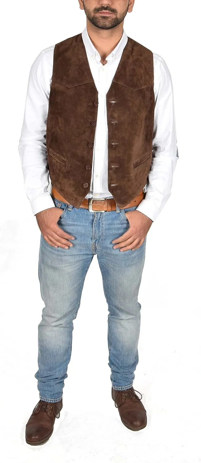 Mens REAL Suede Waistcoat Classic Style Soft BROWN Suede Leather Vest Gilet - Cole