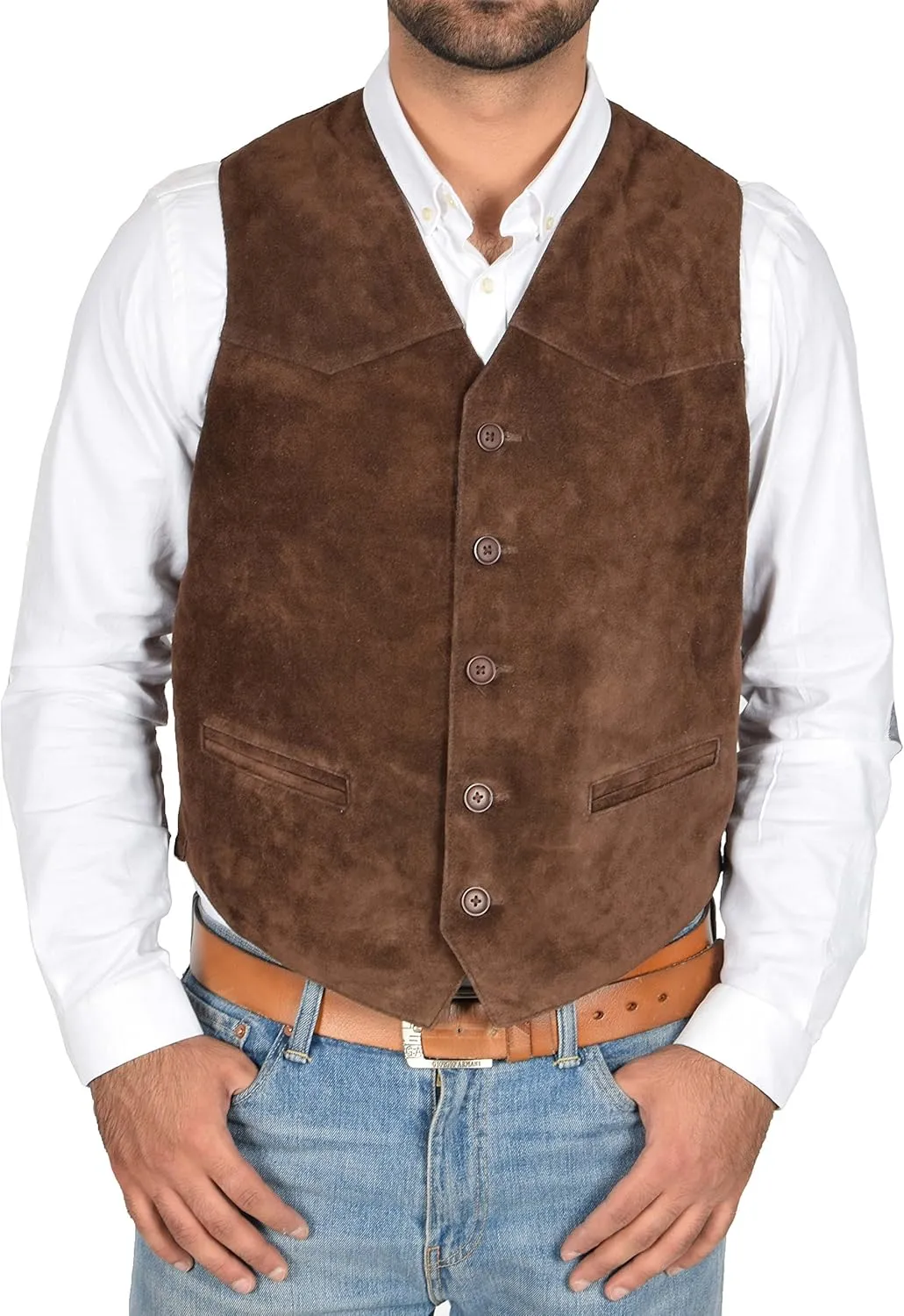 Mens REAL Suede Waistcoat Classic Style Soft BROWN Suede Leather Vest Gilet - Cole