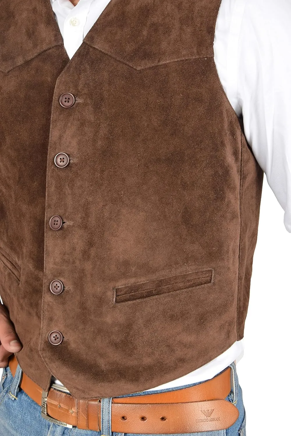 Mens REAL Suede Waistcoat Classic Style Soft BROWN Suede Leather Vest Gilet - Cole