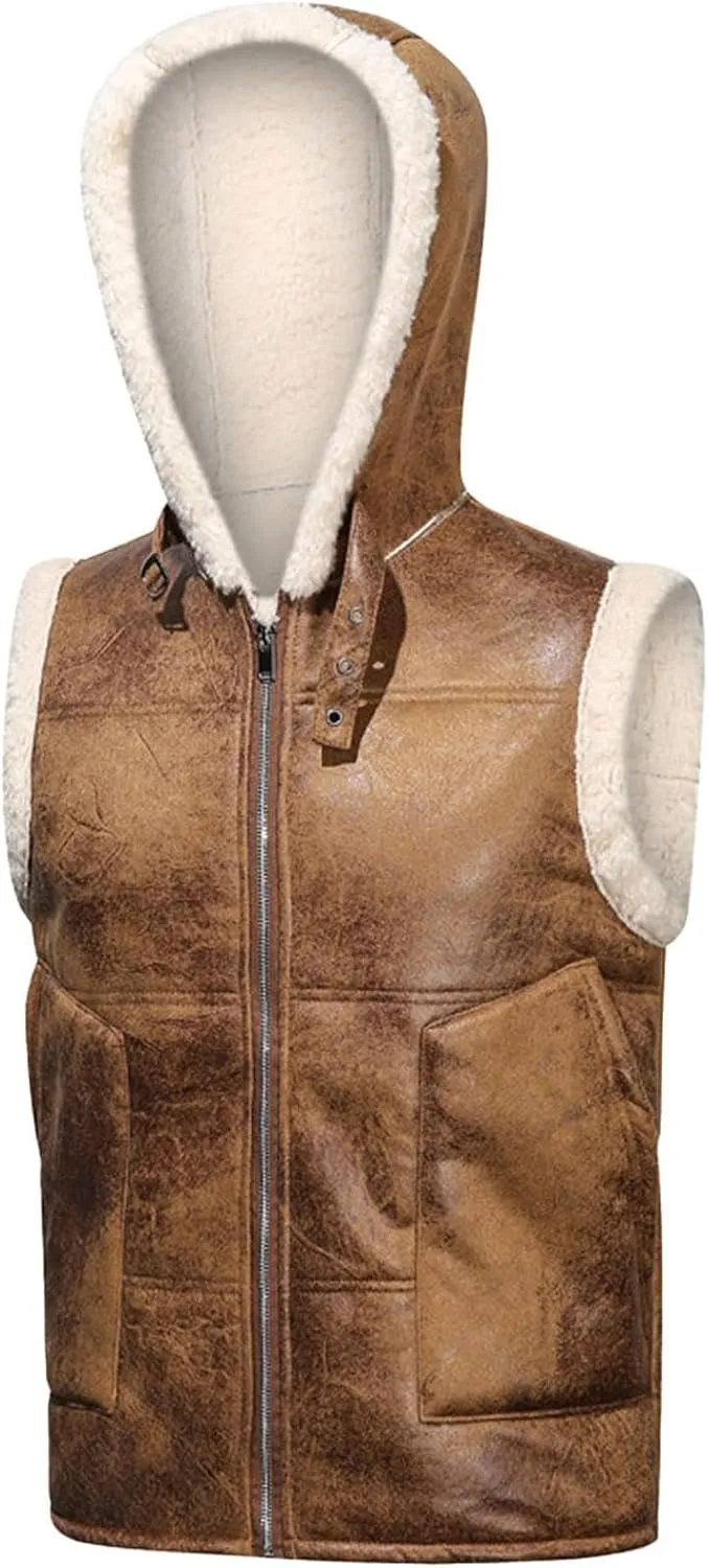 Mens Winter Vests Outerwear Hooded Fleece Lined Faux Leather Chunky Casual Vest Jacket Plus Size Coat With Pocket