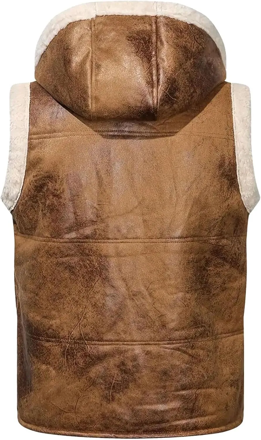 Mens Winter Vests Outerwear Hooded Fleece Lined Faux Leather Chunky Casual Vest Jacket Plus Size Coat With Pocket