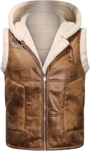 Mens Winter Vests Outerwear Hooded Fleece Lined Faux Leather Chunky Casual Vest Jacket Plus Size Coat With Pocket