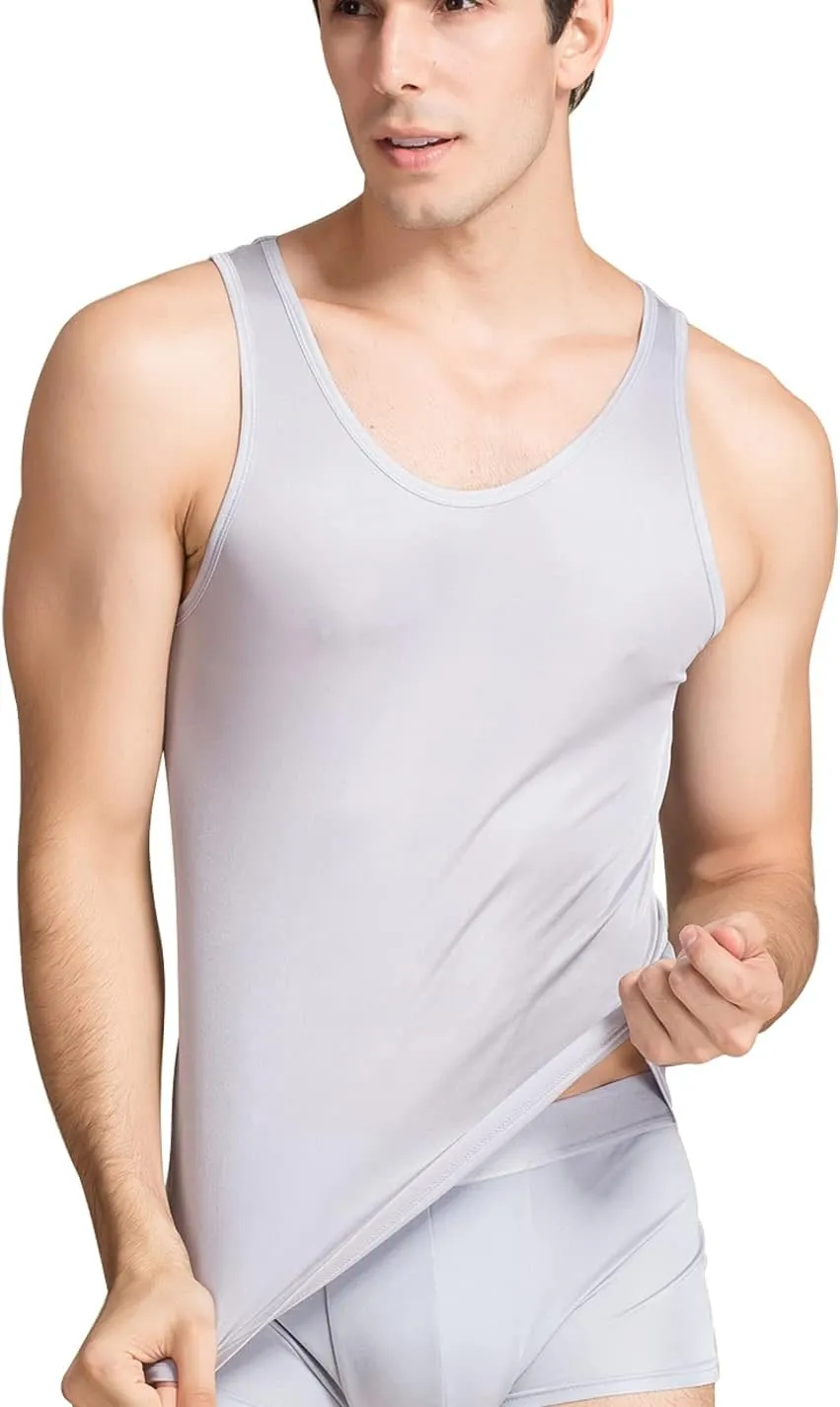 METWAY Men's Silk Tank Tops Sleeveless Pure Silk Undershirt Super Absorbent and Breathable Classic A Shirts