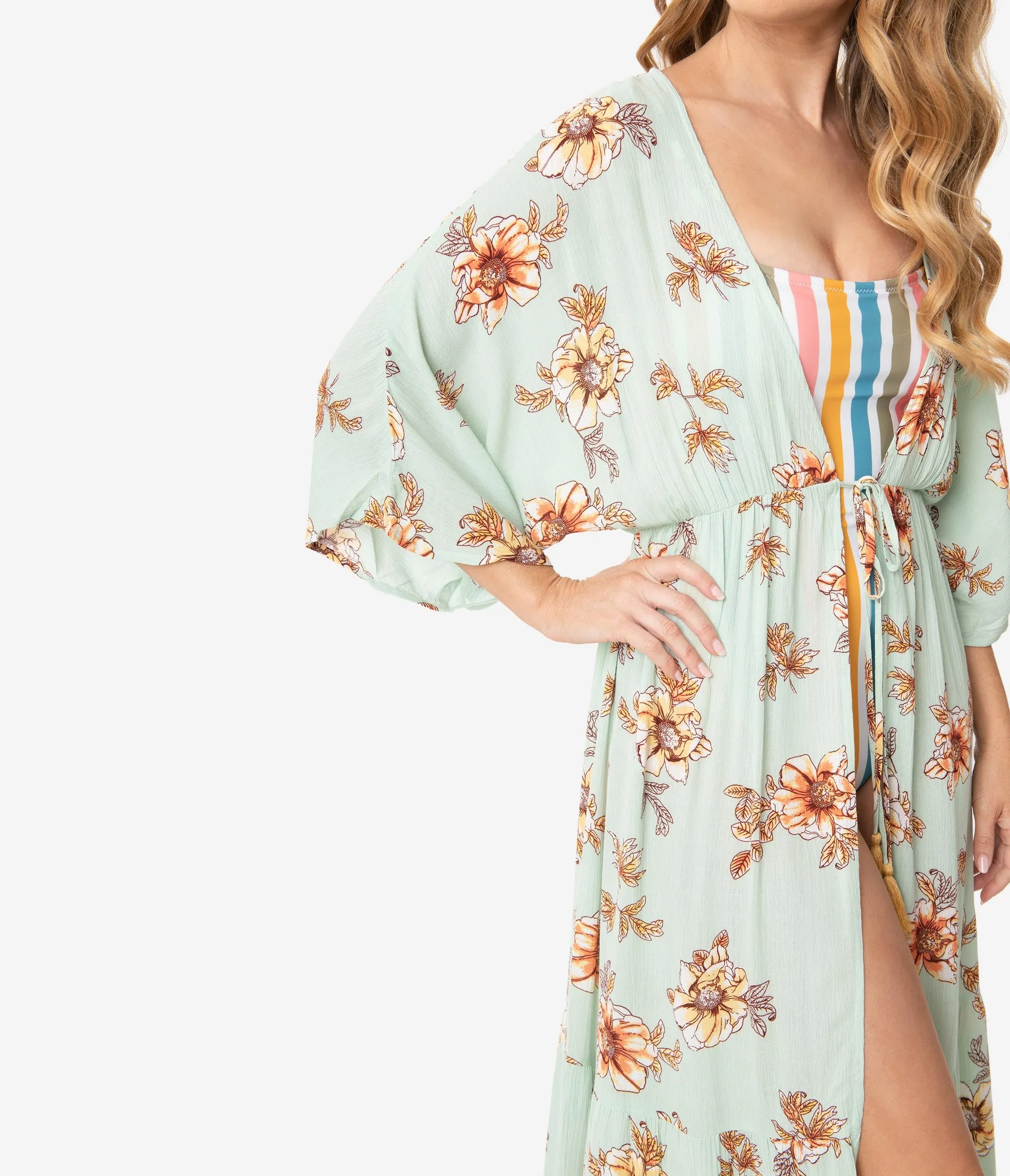 Mint & Yellow Floral Kimono Swim Cover Up