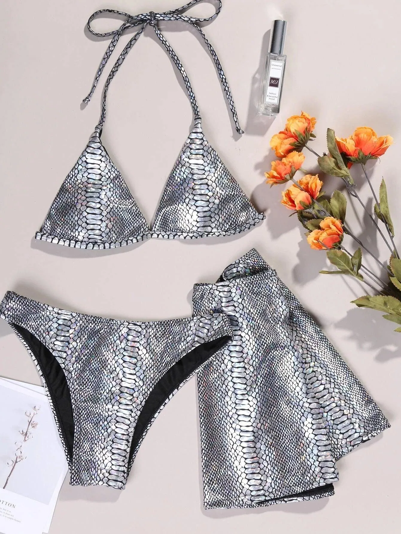 Modest 3-Pack Metallic Halter Bikini Swimsuit & Beach Skirt