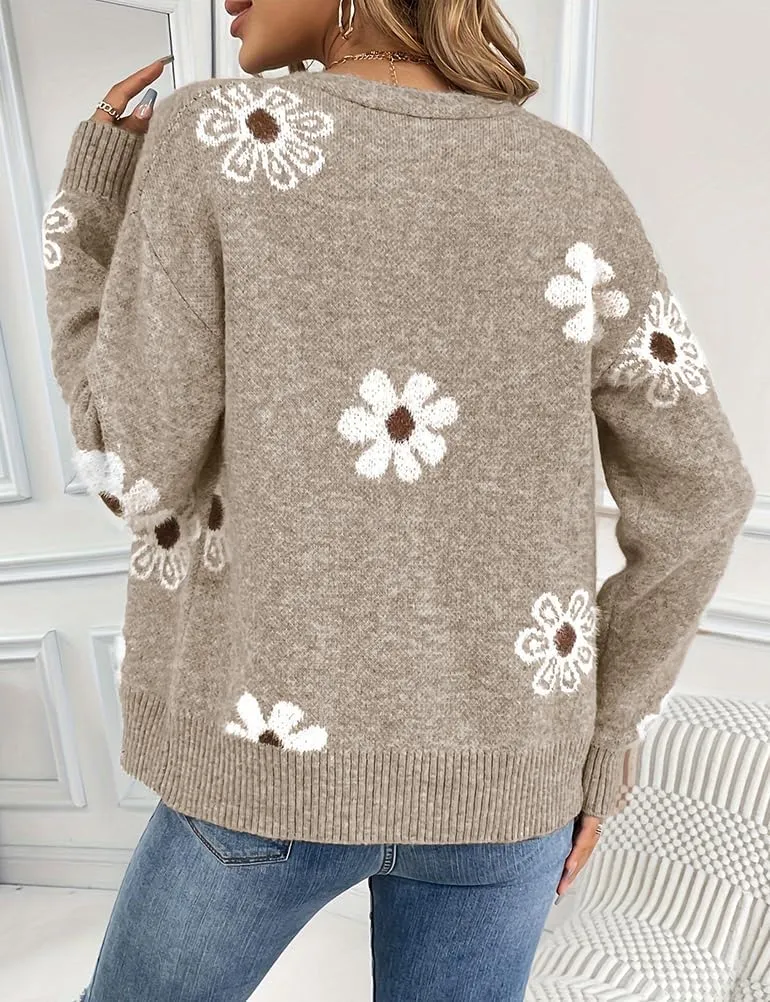 Mywinway Flower Sweater Cardigan Sweaters for Women 2024 Fall Sweaters Lightweight Knit Daisy Cute Casual Jackets