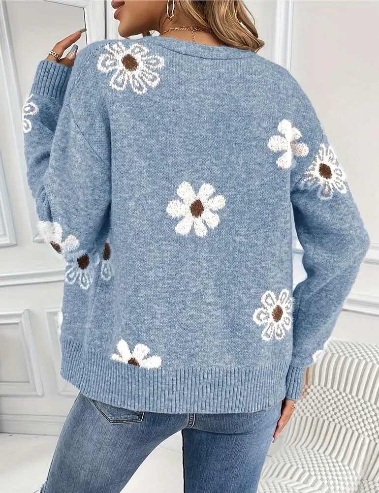 Mywinway Flower Sweater Cardigan Sweaters for Women 2024 Fall Sweaters Lightweight Knit Daisy Cute Casual Jackets